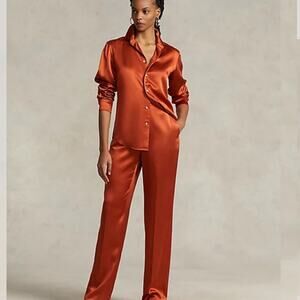 NWT $498 Polo By Ralph Lauren Orange Silk Charmeuse Straight Leg pants